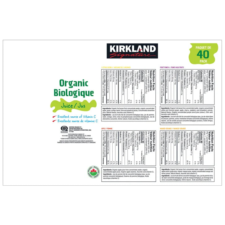 Kirkland Signature Organic Juice Assorted Flavours, 40 x 200 mL