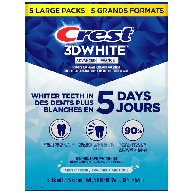 Crest 3D White Advanced, Teeth Whitening Toothpaste Arctic Fresh, 5 x 135 mL N8