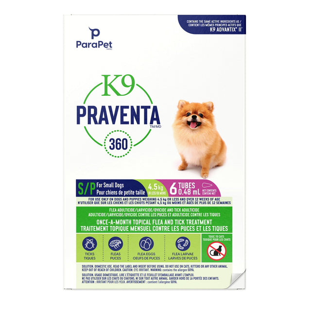Parapet K9 Praventa 360 Flea and Tick Treatment for Dogs up to 4.5kg, 6 Tubes A6