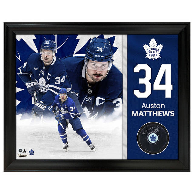Frameworth Auston Matthews Signed Puck Framed 17x19.5 in. Toronto Maple Leafs F8