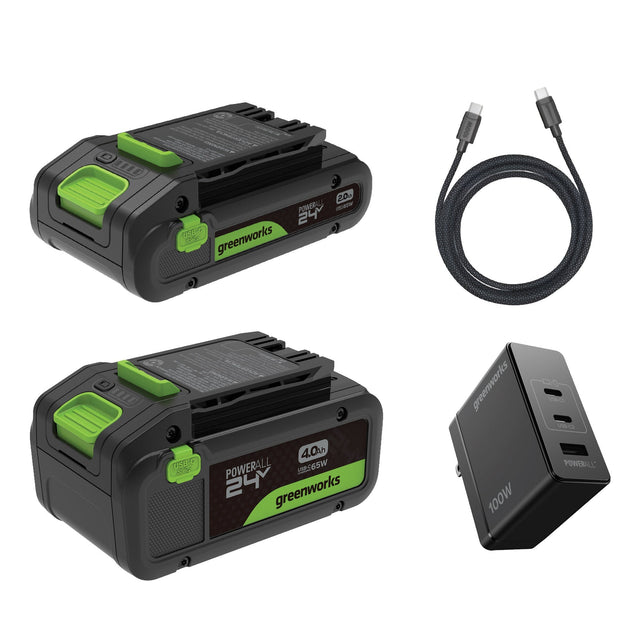 Greenworks 24V (1) 2Ah High Power Battery with Type C Port and (1) 4Ah High Power Battery with Type C Port, 100W Type-C Charger and 3-FT Charging Cable Included B7