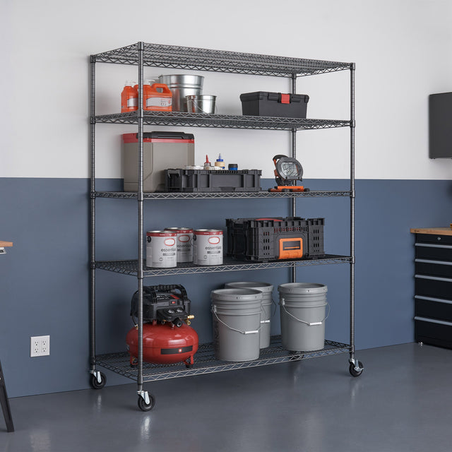 TRINITY Outdoor 5-Tier Black Anthracite Wire Shelving Rack With Wheels, 60" x 24" x 72" R0