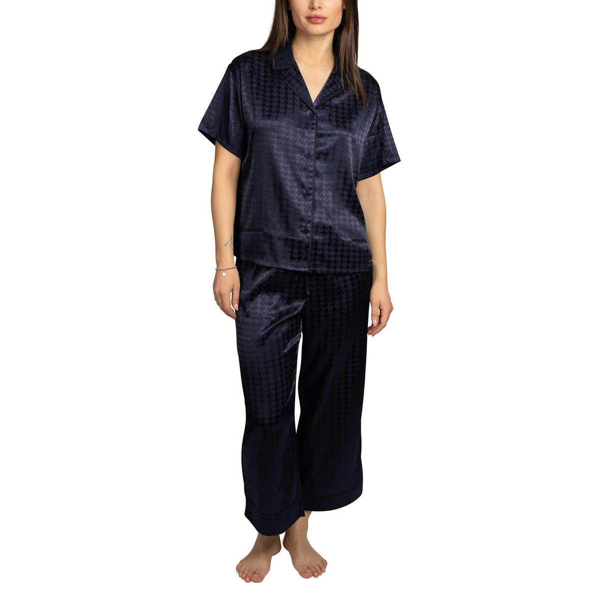 BCBGMAXAZRIA Women's Satin Jacquard Notch Collar Pajama Set