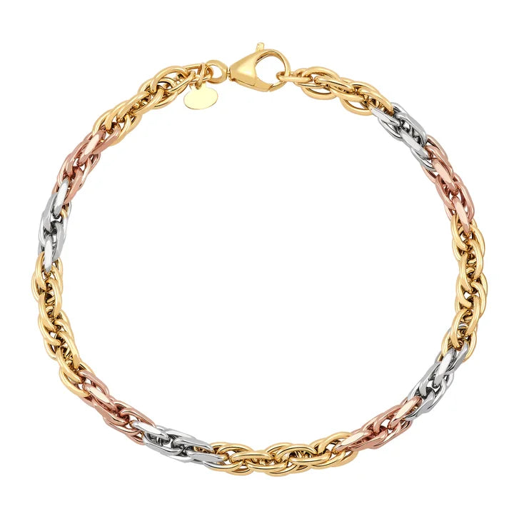High Polish Hollow Rope Bracelet in Three-Tone Gold