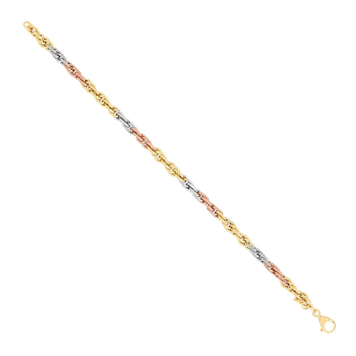 High Polish Hollow Rope Bracelet in Three-Tone Gold