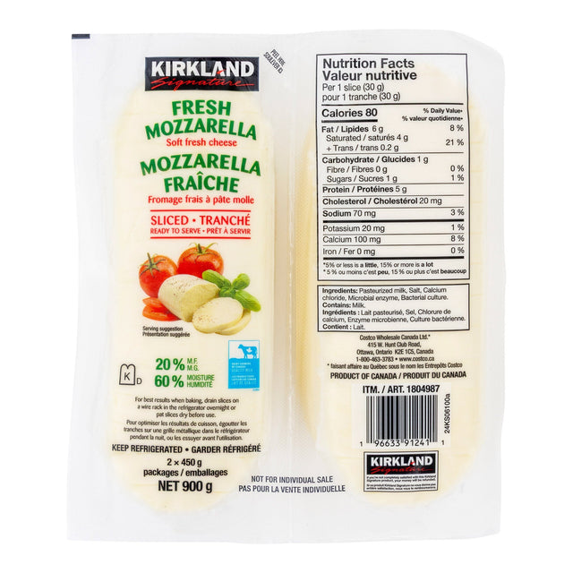Kirkland Signature Sliced Soft Fresh Mozzarella Cheese, 2 × 450 g H2