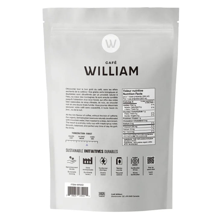 Café William Naturally Decaffeinated Medium Roast Fair Trade and Organic Whole Bean Coffee, 2 x 750 g