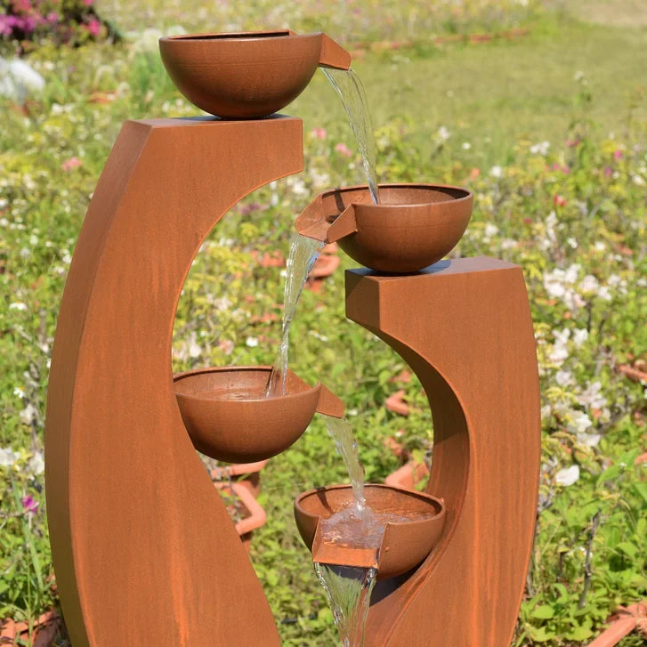 Outdoor Metal Cups Fountain with Rusty Top and Black Basin