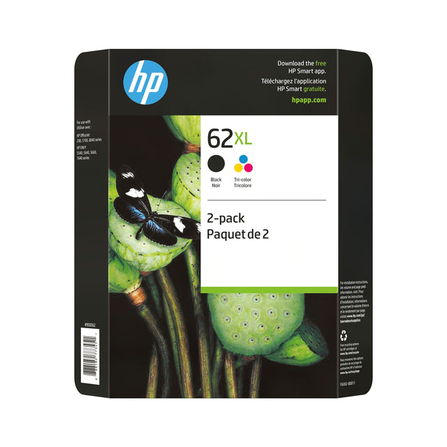 HP 62XL Black and Tri-Color High Yield Original Ink Cartridges (F6U02BN) Combo pack M9