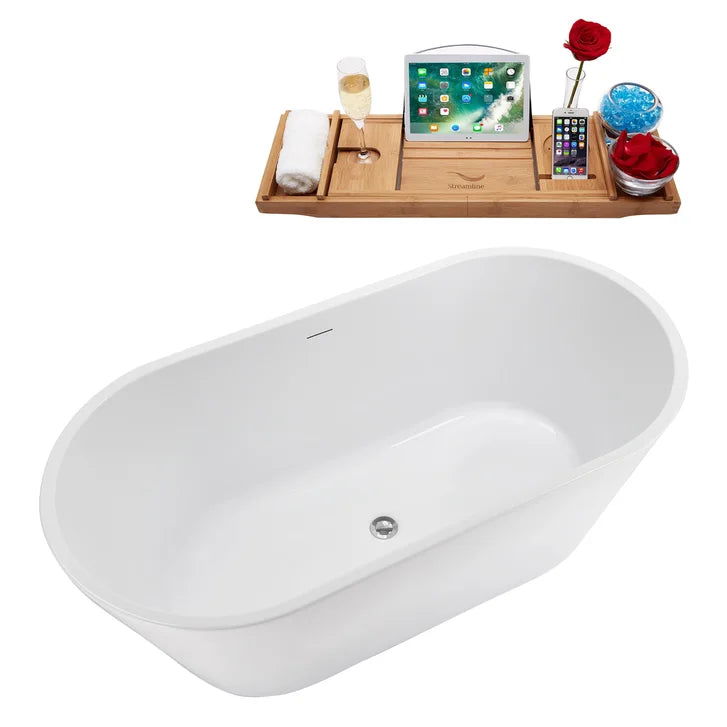 Streamline 59 in. Freestanding Bathtub with Expandable Bamboo Bathtub Caddy