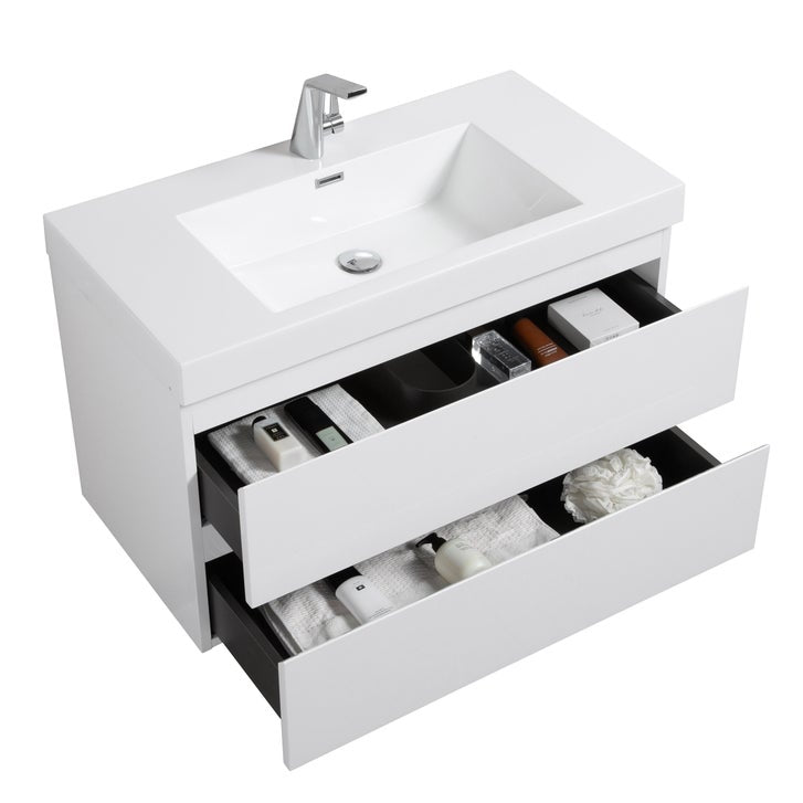 SERA CAPRI Glossy White Wall-Hung Vanity with Glossy White Polymarble Countertop