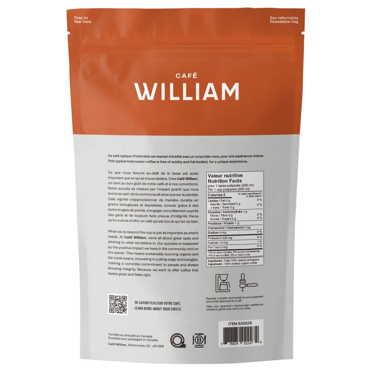 Café William Sumatra Medium-Dark Roast Fair Trade and Organic Whole Bean Coffee, 2 x 1 kg