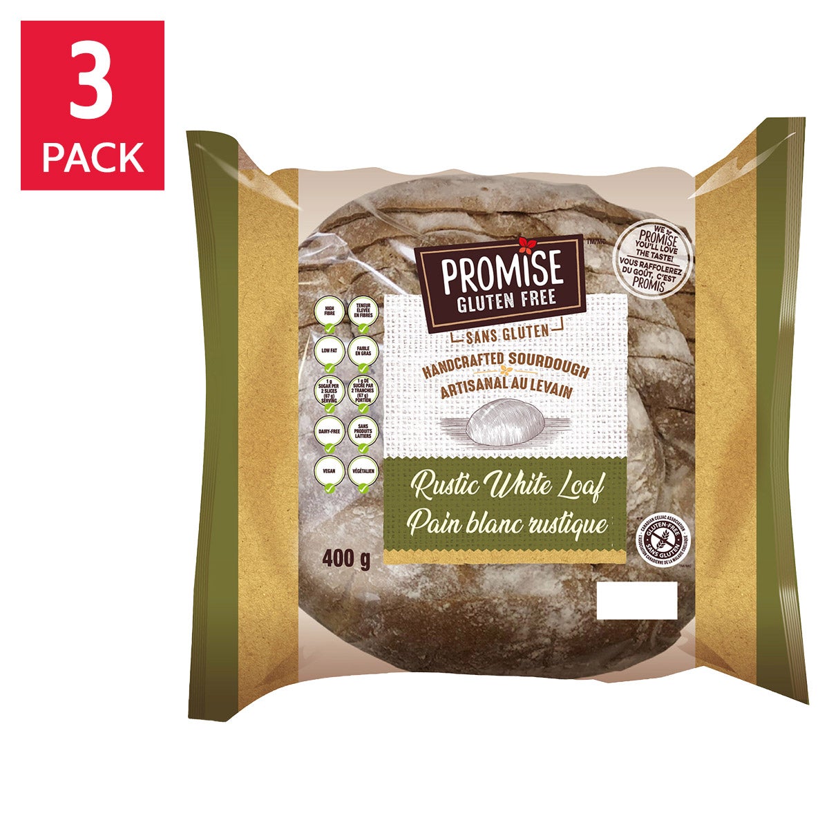 Promise Gluten Free Rustic Sourdough Loaf, 3 × 400 g
