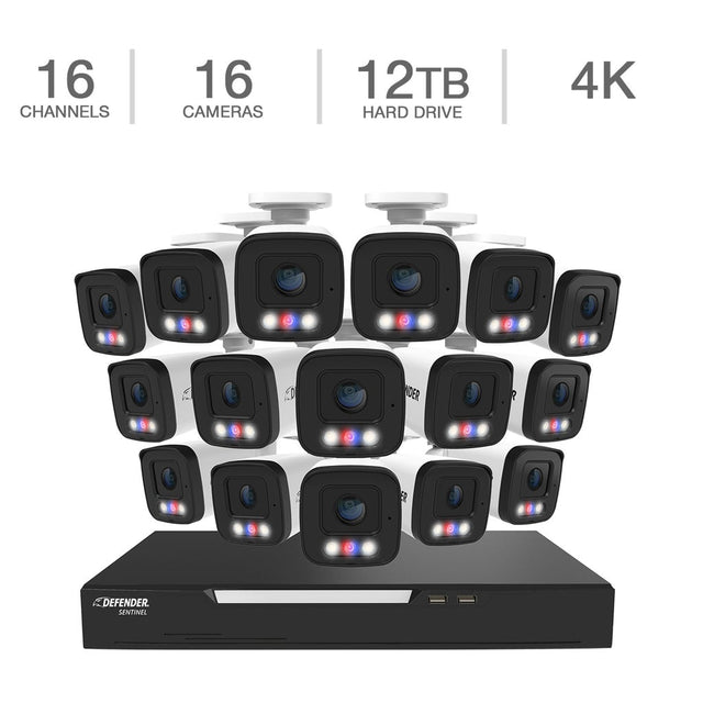 Defender AI POWERED Sentinel 4K Ultra HD Wired 16 Channel PoE NVR Security System with 16 Metal Cameras with 12 TB HDD D4