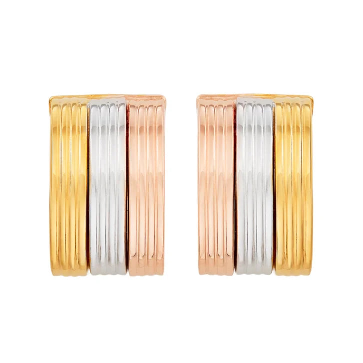 High Polish Triple Row Striped Design Earrings in Three-Tone Gold