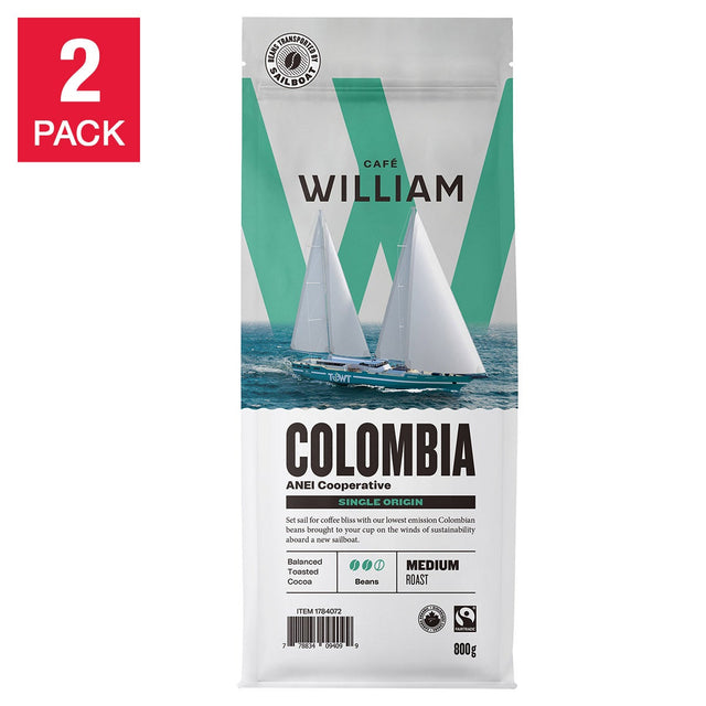 Café William Organic Medium Roast Colombian Coffee Beans, 2 × 800 g K2