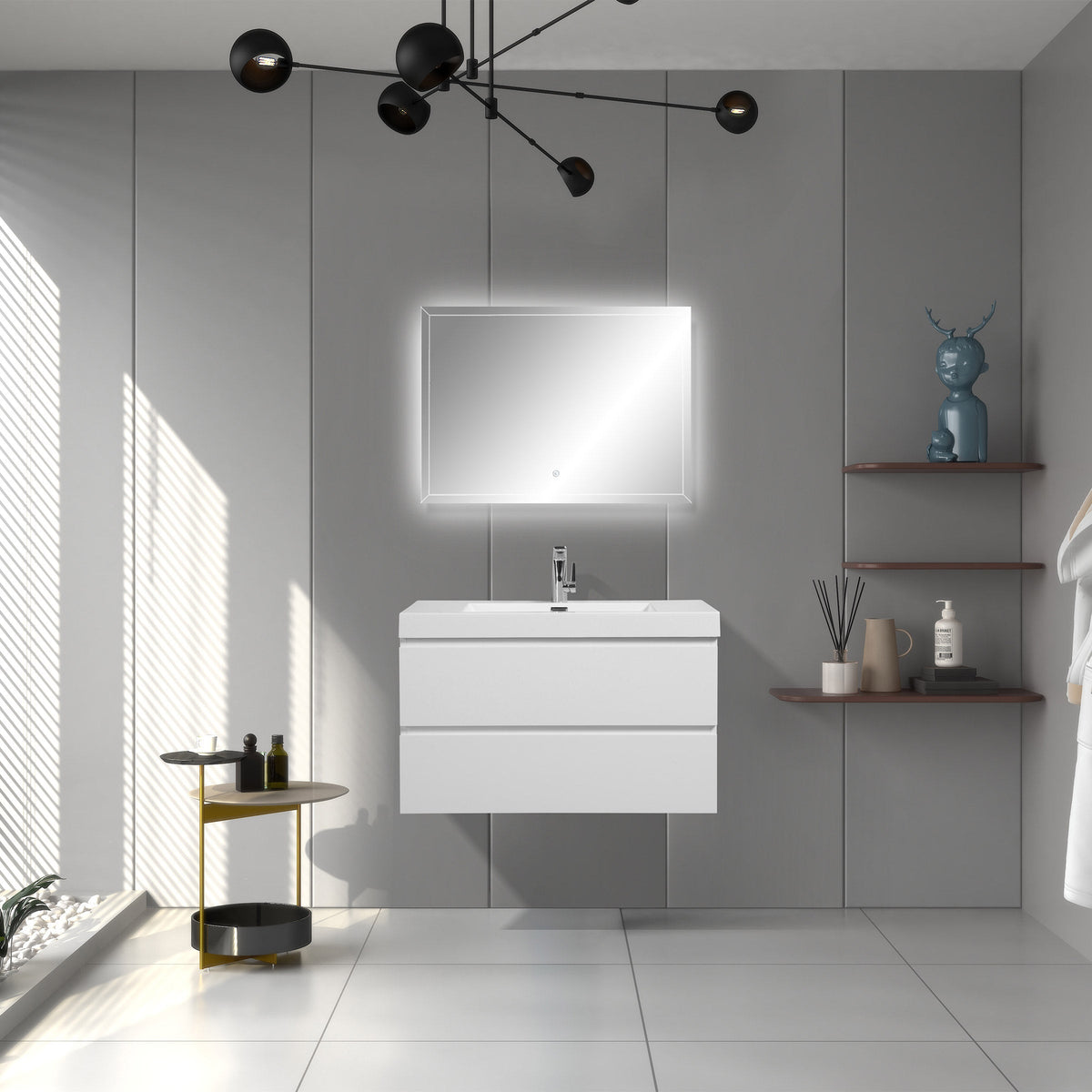 SERA CAPRI Glossy White Wall-Hung Vanity with Glossy White Polymarble Countertop