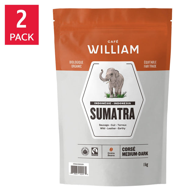 Café William Sumatra Medium-Dark Roast Fair Trade and Organic Whole Bean Coffee, 2 x 1 kg L7