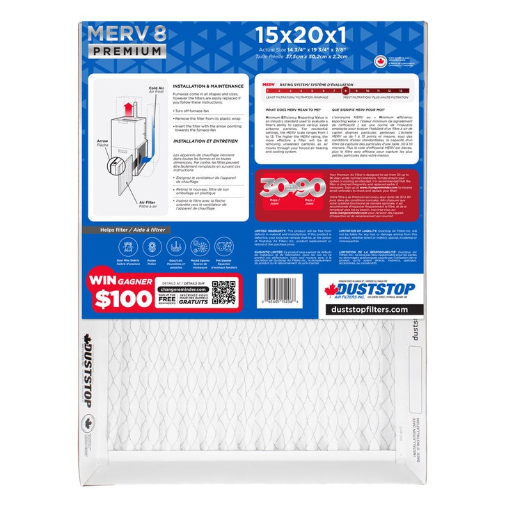 Duststop MERV 8 Premium Pleated Furnace Filter, 12-pack
