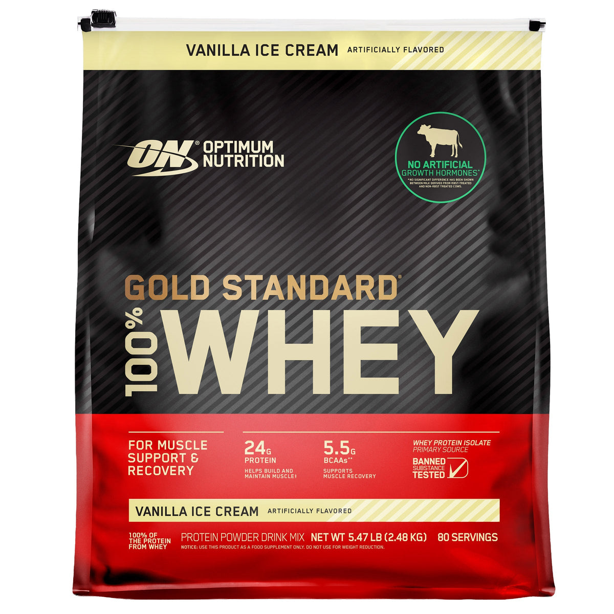 Optimum Nutrition Gold Standard 100% Whey Protein, Vanilla Ice Cream, 2.48 kg