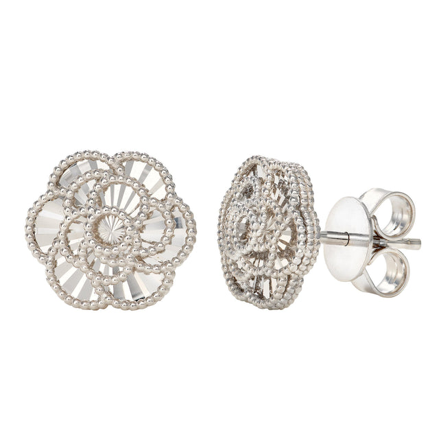 Diamond Cut Textured Flower Stud Earrings in White Gold O2