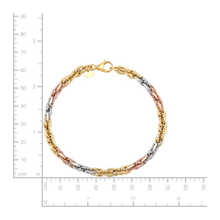 High Polish Hollow Rope Bracelet in Three-Tone Gold