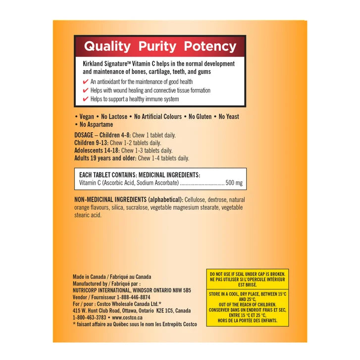 Kirkland Signature Vitamin C 500MG, 500 Chewable Tablets
